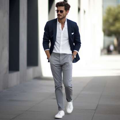 1. Effortless Style with Navy Blazer and Grey Chinos