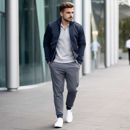 11. Casual Day Out with a Navy Track Jacket and Slim-Fit Grey Track Pants