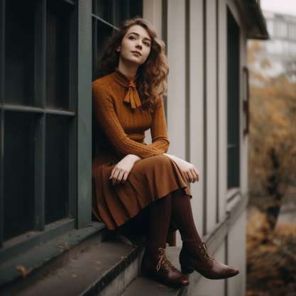 Brown Tights Matching the Brown Skirt with Contrasting Top 