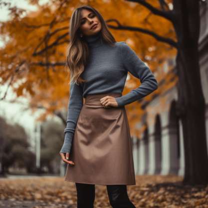 Opaque Gray Tights Paired with a Black Turtleneck and Brown Skirt