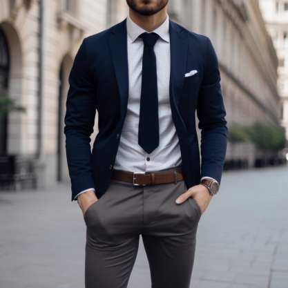 3. Impress with a Navy Blazer and Grey Dress Pants