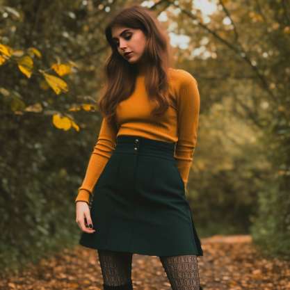 Forest Green Tights with Fitted Brown Skirt and Mustard Yellow Top 