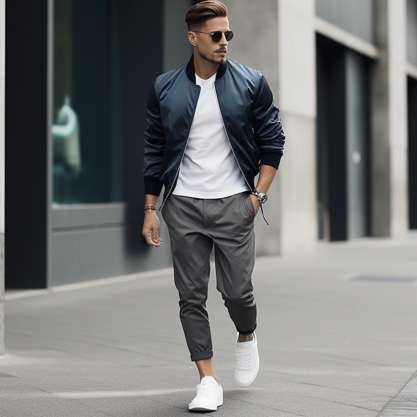 How to Wear a Navy Blue Jacket with Grey Pants