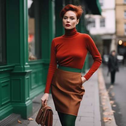 Emerald Green Tights and Vibrant Red Turtleneck with Brown Skirt