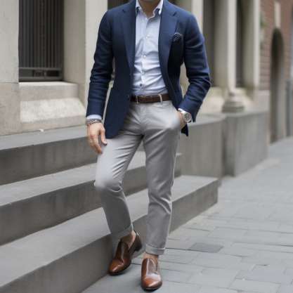 How to Wear a Navy Blue Jacket with Grey Pants