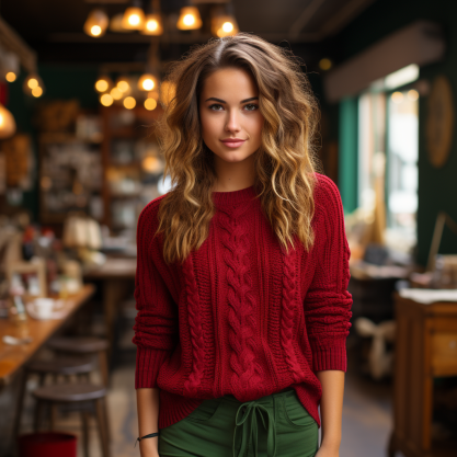 Red and Green Outfit Ideas for Christmas: chunky red sweater paired with tailored green trousers