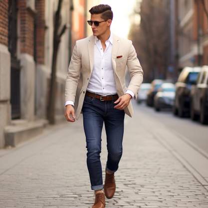 Tan Sports Coat with Blue Pants: Denim Dapper