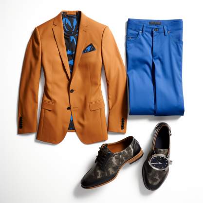 wear Tan Sports Coat with Blue Pants