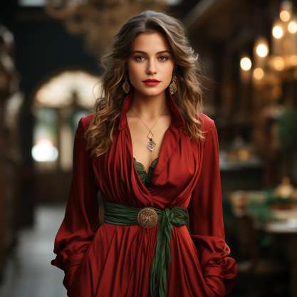 long red coat and a stylish green dress Outfit Ideas for Christmas